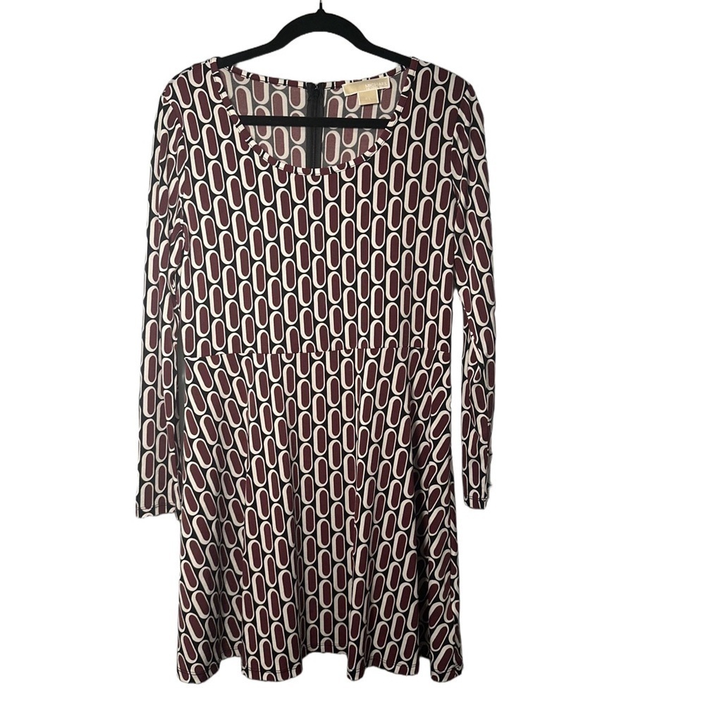 MICHAEL KORS Size Petite L Maroon White and Black Long Sleeve Flared Skirt Dress